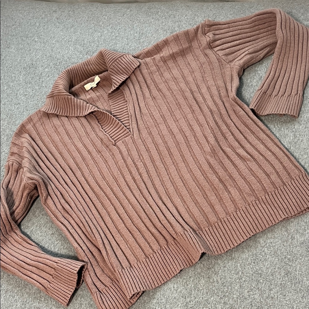 Easel Ribbed V Collar Sweater Womens Large Tan